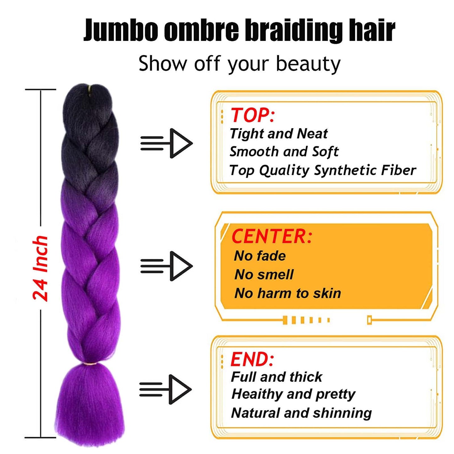 TENGSHUO FLY Black to Purple Braiding Hair 3 Packs Synthetic Braid Hair Extensions Jumbo Ombre Braiding Hair 24 Inch or Box Braids Twist Crochet Braids(24"3Pack,Black to Purple)