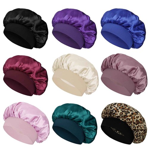 Satin Bonnet Silk Hair Bonnet for Sleeping Women Men Night Cap Sleep Bonnet Hat Hair Cap 9 Pack with Wide Band, Multicolor