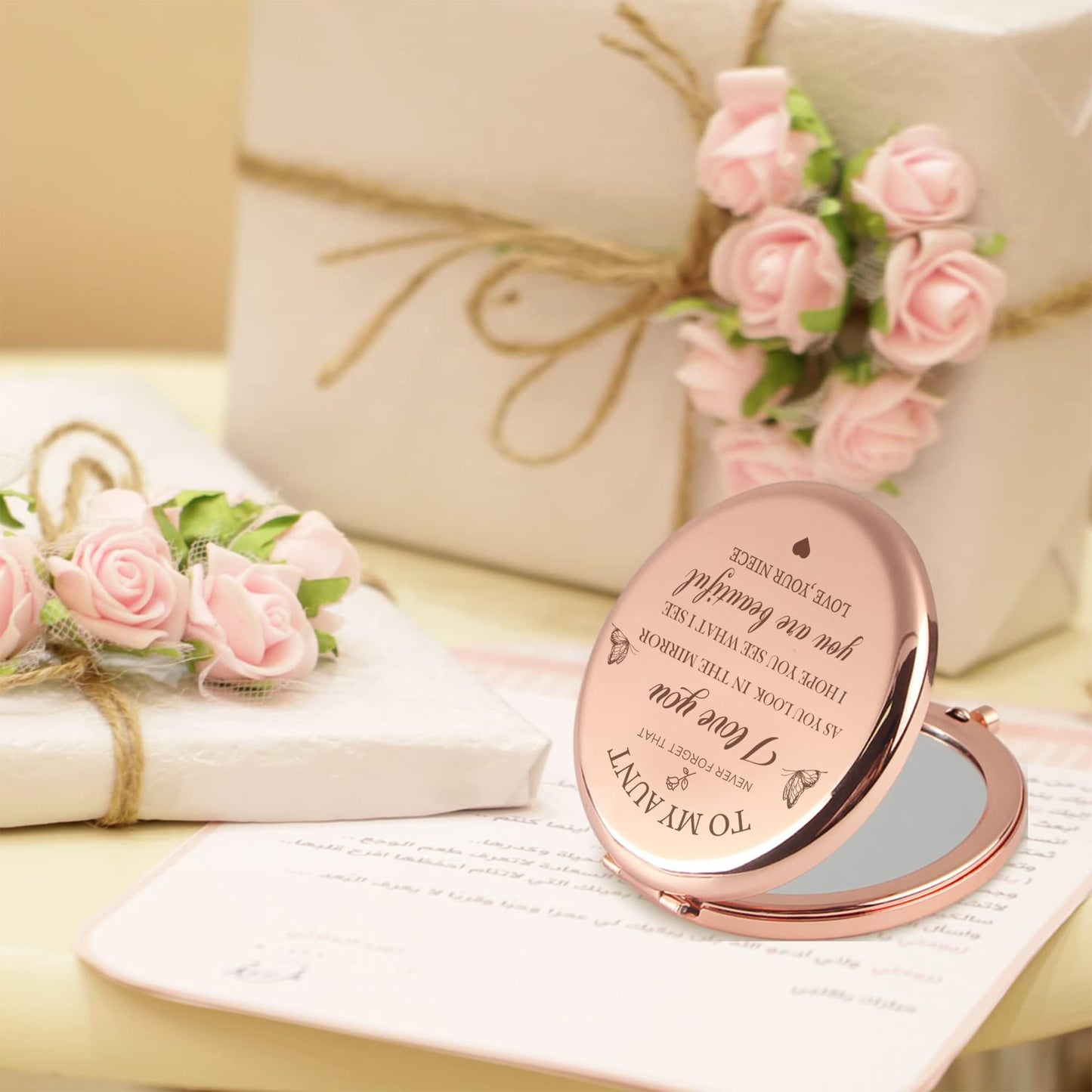 KGKAIMIZL Aunt Gifts from Niece, Compact Mirror Gifts for Aunt，Aunt Birthday Gift Ideas, Rose Gold Compact Makeup Mirror Gift for Aunt, Birthday, Christmas,Mother’s Day Present for Aunt