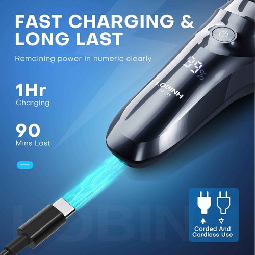 LOBINH Men's 3D Waterproof Electric Shaver, Wet & Dry, Cordless Rotary Razor, Pop-up Trimmer, 1 Hour Fast Charge, 4D Floating Head