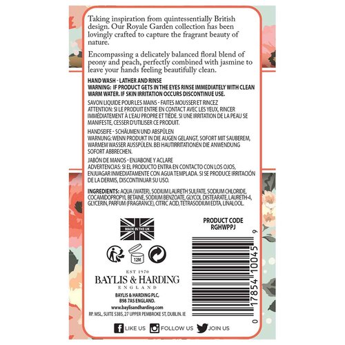 Baylis & Harding Liquid Hand Soap Wash with Dispenser, Royale Garden, Peach Peony & Jasmine, 16.9oz/500ml (6-Pack)