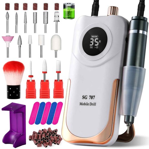Moskany Professional Electric Nail Drill Kit 35000RPM with 14PCS Bits White Portable Rechargeable Cordless File Machine for Acrylic Gel Powder Nails and Manicure Pedicure Toenail Tool Salon Set