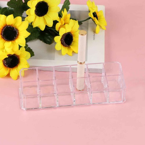 Teqooza 12-Slot Acrylic Lipstick Organizer Case, Transparent Clear Cosmetic Makeup Organizer Display Rack Holder for Lipstick Brushes Bottles Storage, 1 Pack