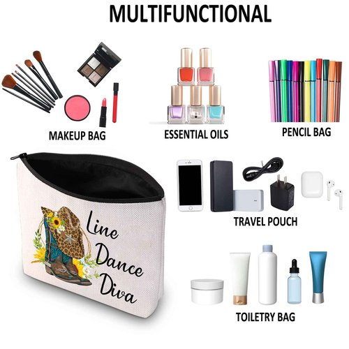 G2TUP Line Dance Gift Line Dance Diva Makeup Bag Western Country Music Dancing Dancer Cosmetic Bag Country Music Lover Gift Zipper Travel Bag (Line Dance Diva White Bag 2.0)