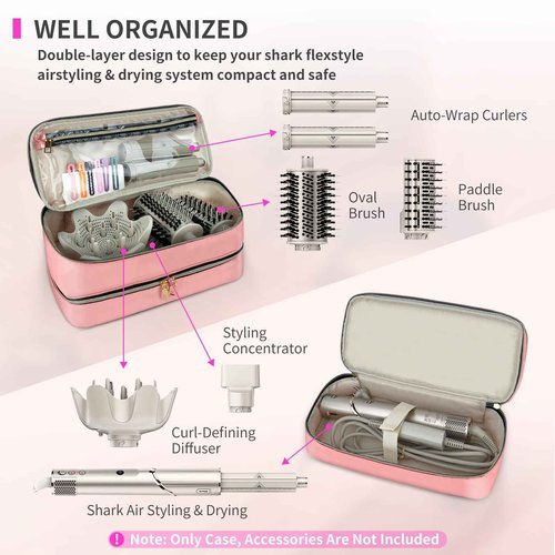 NENYX Double-Layer Water Resistant Travel Carrying Case for Hair Dryer/Shark Flexstyle/Dyson Airwrap and Hair Styler Attachments, Pink(Bag Only)