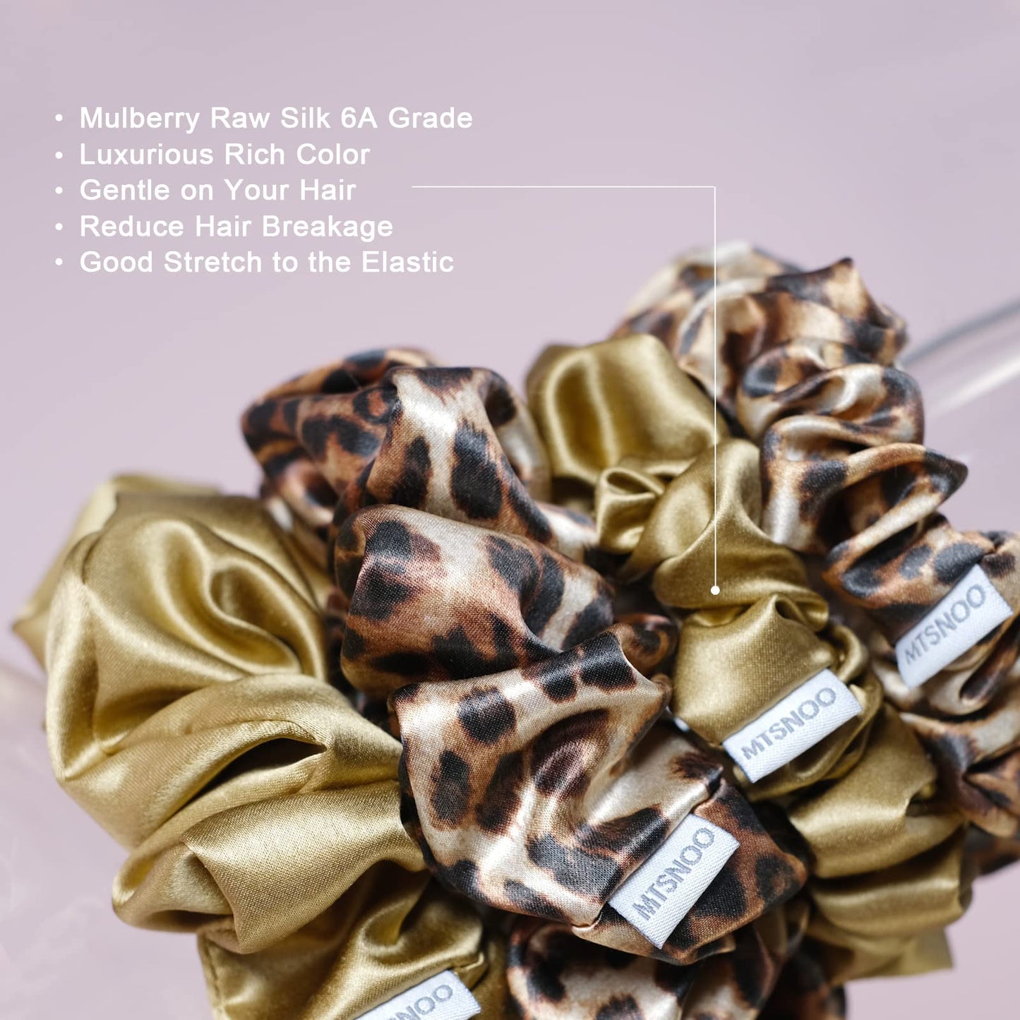 MTSNOO Silk Scrunchies, 100% Pure 22 Momme Mulberry, 4 Pack, Gold Leopard, for Curly Hair Care, Hair Ties for Women and Girls, Unique Gift