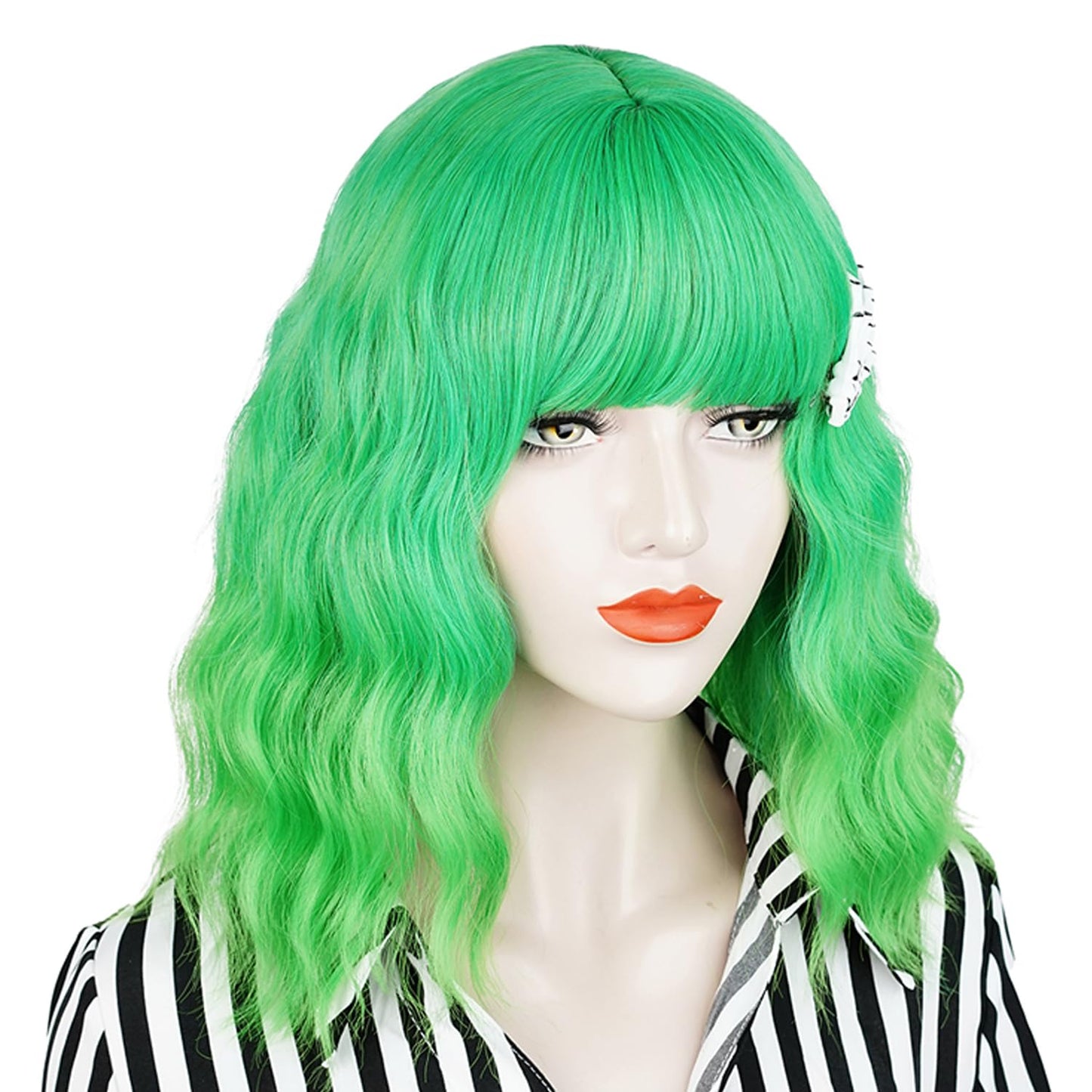 QACCF Short Wavy Shoulder Length Women Full Bang Heat Resistant Bud Green Realistic Synthetic Wig with Hair Pin (Bud)