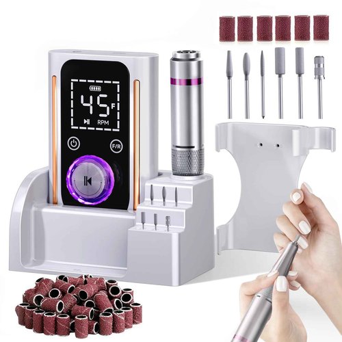 Nail Drill, Portable Electric Nail File 45000RPM, Rechargeable Nail Drill Professional with Bits & Base, for Acrylic Gel Nails, E-File Machine, Manicure Polishing, for Salon Home, White