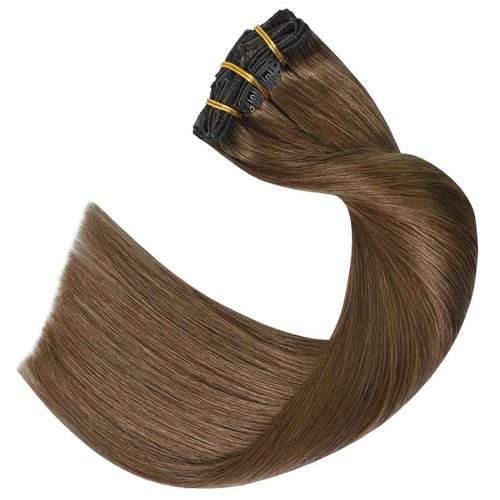 UGOTRAYS Light Brown Hair Extensions Clip in Human Hair 18 Inch 70g 7pcs Remy Hair Silky Straight 16clips One Pack for Women #6 Chestnut Brown Hair Extensions