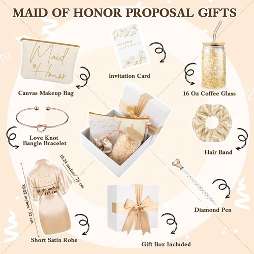 Irenare 8 Pcs Proposal Gifts Set Robes Makeup Bag Cup Cards Hair Tie Bracelet Diamond Pen Bridesmaid Gift Box(Champagne,Maid of Honor)