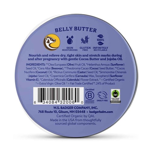 Badger Belly Butter, Organic Stretch Mark Cream for Pregnant Belly, Rich Hypoallergenic Moisturizing Organic Cocoa Butter & Coconut Body Butter for Women, 2 oz Tin, 2-Pack