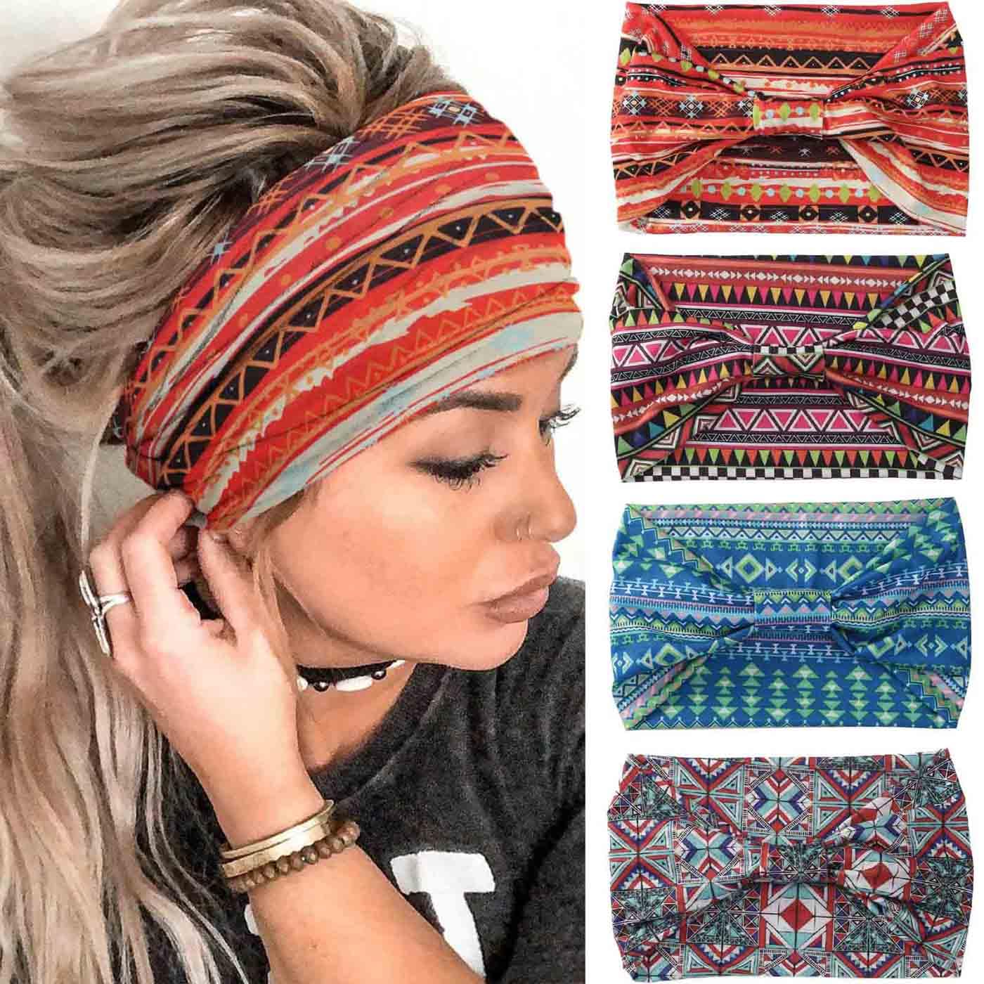 Acenail Wide Headbands Women Turban Knotted Headband Elastic Non Slip Hairbands African Head Bands Cotton Workout Head Wraps Bohemian Head Band Running Sports Hairband Yoga Head Scarfs Boho Hair Accessories for Women and Girls Pack of 4 (#8 Stylish)