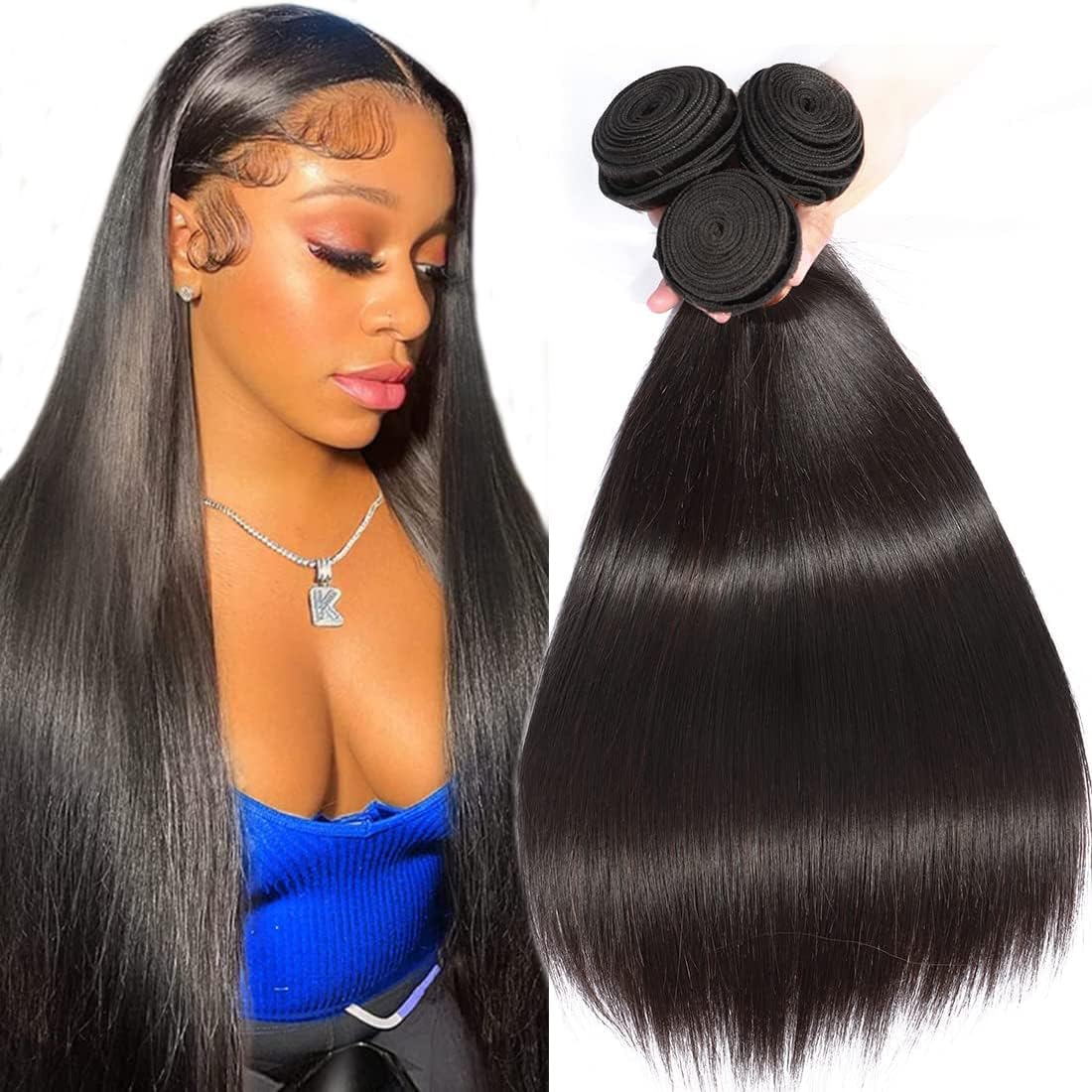 ANGIE QUEEN Unprocessed Brazilian Virgin Hair Straight Hair 3 Bundles Weaves Virgin Human Hair Extensions Natural Color (100+/-5g)/pc (20" 22" 24") Can Be Dyed and Bleached