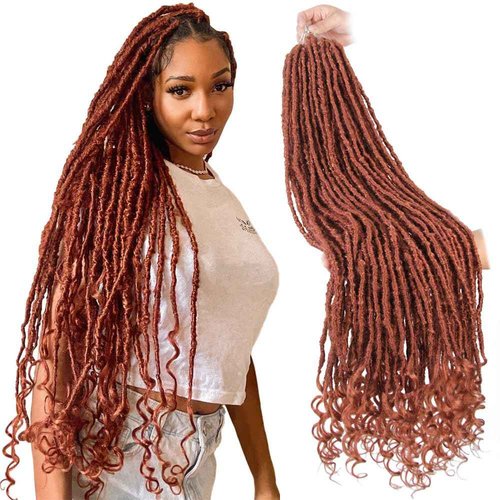 Niseyo Wild Locs 30 Inch Distressed New Faux Locs with Curly Ends 8 Packs Long Soft Pre-looped Goddess Crochet Hair (350#, Ginger Red)