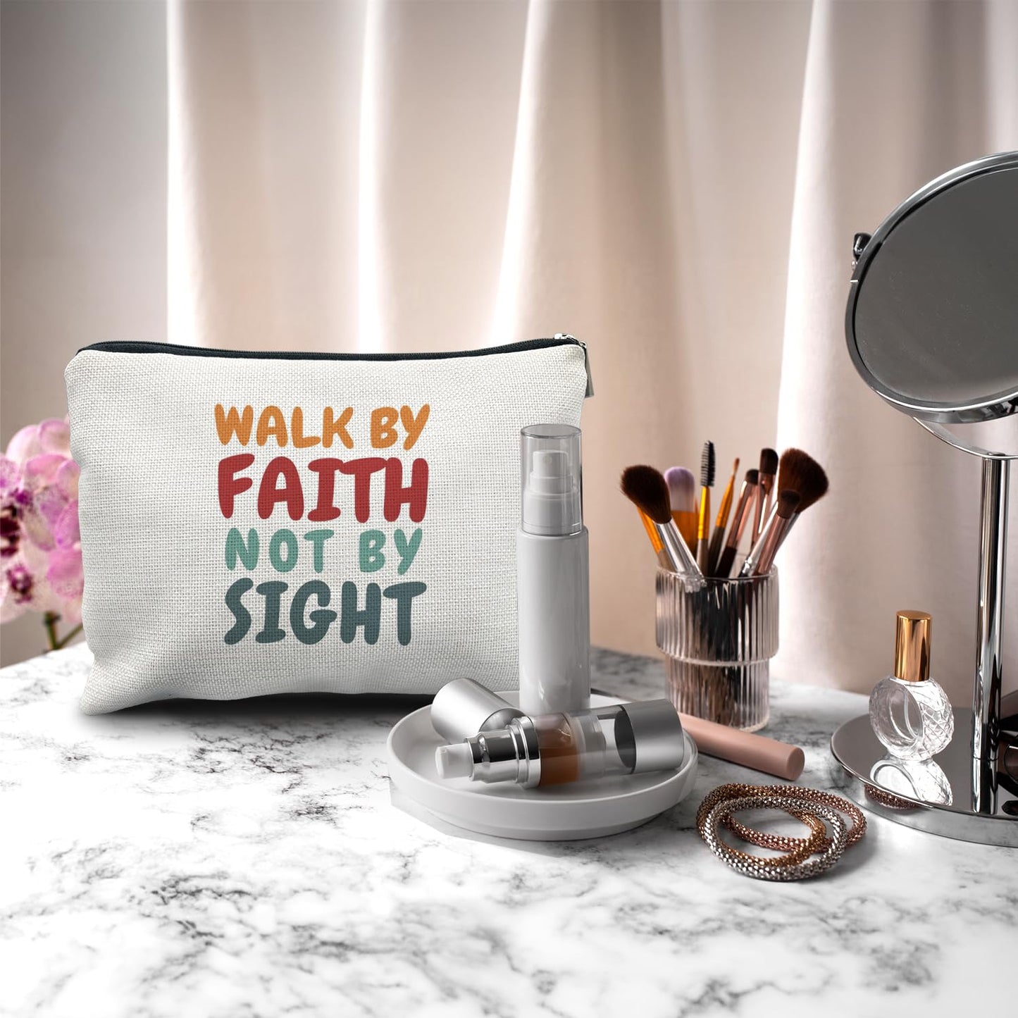 Nogrit Christian Inspirational Makeup Bag Cosmetic Bags for Women, Christian Gifts for Women Faith, Religious Bible Verse Small Makeup Cosmetic Bag for Purse, Walk by Faith not by Sight