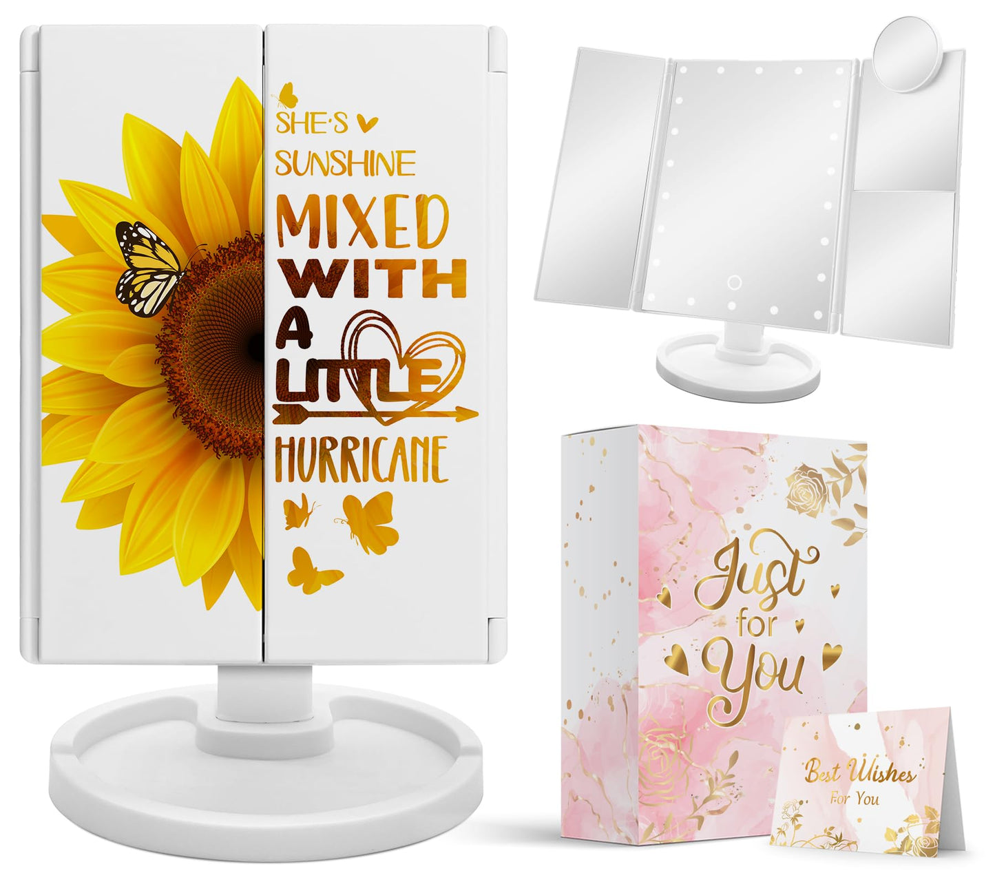 Hexagram Sunflower Gifts for Women on Mothers Day, Sunflower Birthday Gifts for Sunflower Lovers, Sunflower Makeup Mirror with Lights Gift, Sunflower Lighted Make Up Mirror Gifts for Mom, Girls