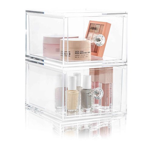 Oizeir Clear Drawer Organizers - Acrylic, Durable, Stackable, Pull-Out Drawer. Great for Medicine, Cosmetics, Makeup and Bathroom Organization. (4.5" High | 2-PACK)