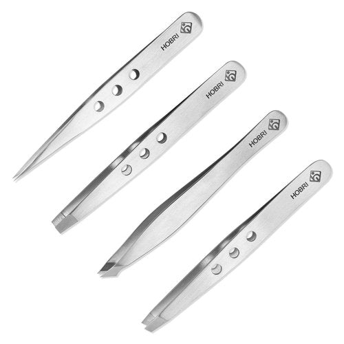 Tweezers Set, Eyebrows Tweezers Set Professional Stainless Steel Tweezers Set - 4 Pieces with Leatherette Travel Case Perfect for Facial Hair, Beauty and Personal Care Tool Set, Hobri International
