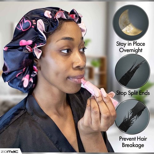 Zomac Satin Bonnet with 14 in 1 Miracle Worker Hair Moisturizer, Shampoo, and Conditioner Gift Set. Includes Gift Bag. Pamper Yourself or a Friend (Hearts)