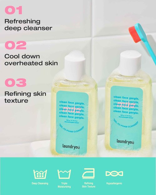LAUNDRYOU Daily Deep Facial Gel-To-Foam Mild Cleanser with Pine & Lactobacillus Extract for Exfoliating and Sebrum Control to Remove Makeup and Blackheads with Pore Cleansing Brush - (5.64 fl. oz)