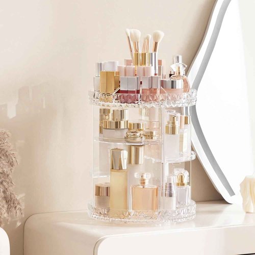 HBlife Extra Large 360 Rotating Makeup Organizer Adjustable Carousel Diamond Large Capacity Revolving Perfume Organizer Skincare Organizers Cosmetic Storage Spinning Holder for Vanity, Clear