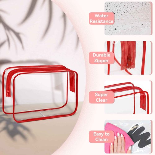 TISRATOK 12 PCS Clear Makeup Bag for Women with Zipper, TSA Approved Toiletry Pouch, Cosmetic Bag Bulk for Travel Organizer Essentials - Red, Medium