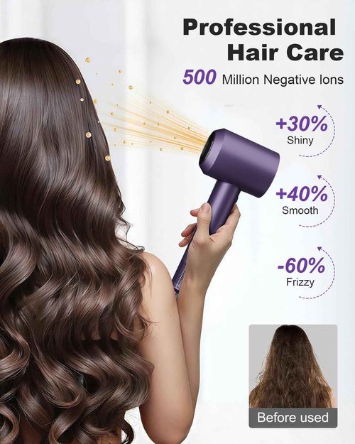 7MAGIC High-Speed Hair Dryer, 110,000RPM Brushless Motor for Fast Drying, 1400W Blow Dryer with Tri-Colour LED Light Ring, Low Noise Ionic Hair Dryer for Home and Travel, Magnetic Nozzle, Purple