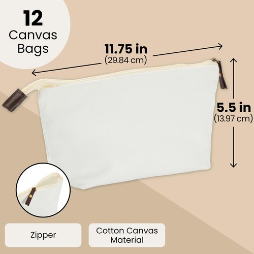 Juvale 12 Pack Canvas Makeup Bags with Zipper - Cotton Cosmetic Bags for Toiletries, DIY Crafts, Travel (White, 11.75 x 5.5)