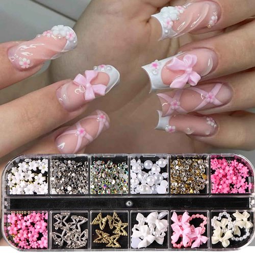 3D Nail Charms and Gems Set - 12 Grid Butterfly Charm Glitter Rhinestones Small Flower Steel Beads Pearl Bow DIY Mixed Nail Art Accessories Cute Butterflies Supplies DIY for Floral Manicure Craft