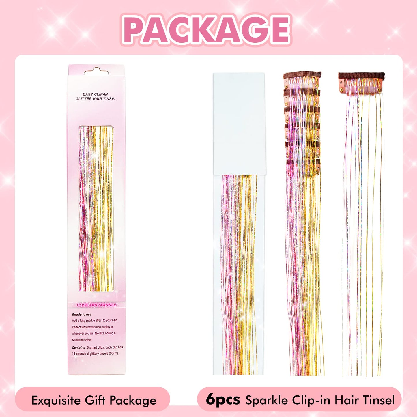 Clip in Hair Tinsel Kit, POROLIR 6Pcs Glitter Fairy Tinsel Hair Extensions 20 Inch Shiny Hair Tinsel Heat Resistant, Sparkly Strands Hair Accessories, Festival Gift for Women Girls Kids (Gold Pink)