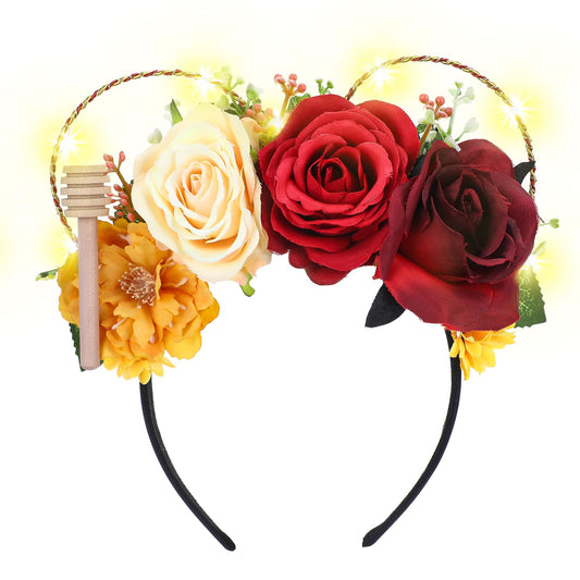 VISSTREE Handmade Mexican Holiday Red Yellow Rose Flower Floral Mouse Ears Headband Crown for Women Girls, Cute Mouse Ears Headband for Theme Parks Theme Party Halloween Costume