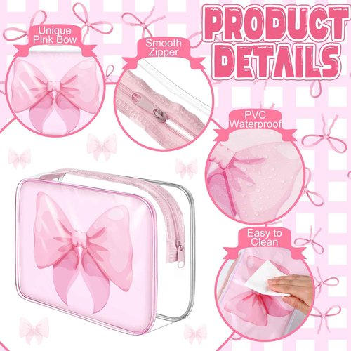Sunnymove 12 Pcs Clear Pink Bow Makeup Bags Bulk for Women PVC Coquette Cosmetic Bag with Zipper Travel Toiletry Pouch Pink Bow Team Gifts for Birthday Coquette Party Favor Storage Accessories