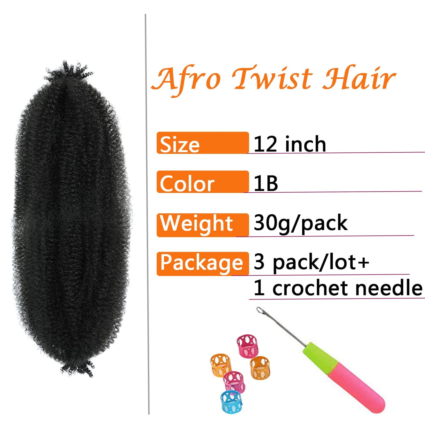 Springy Afro Twist Hair 12 Inch 3 Packs Kinky Twist Hair Black Color Pre Fluffed Marley Twist Braiding Hair for Black Women (12 inch, 1B)