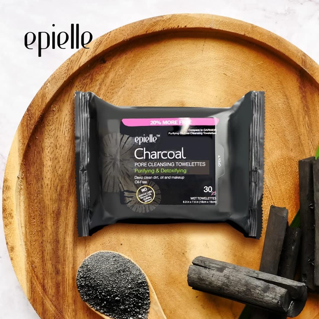 Epielle Charcoal Makeup Remover Wipes | For All Skin Types | Daily Facial Towelettes | Removes Dirt, Oil, Waterproof Makeup | Pack of 2 | Korean Skincare