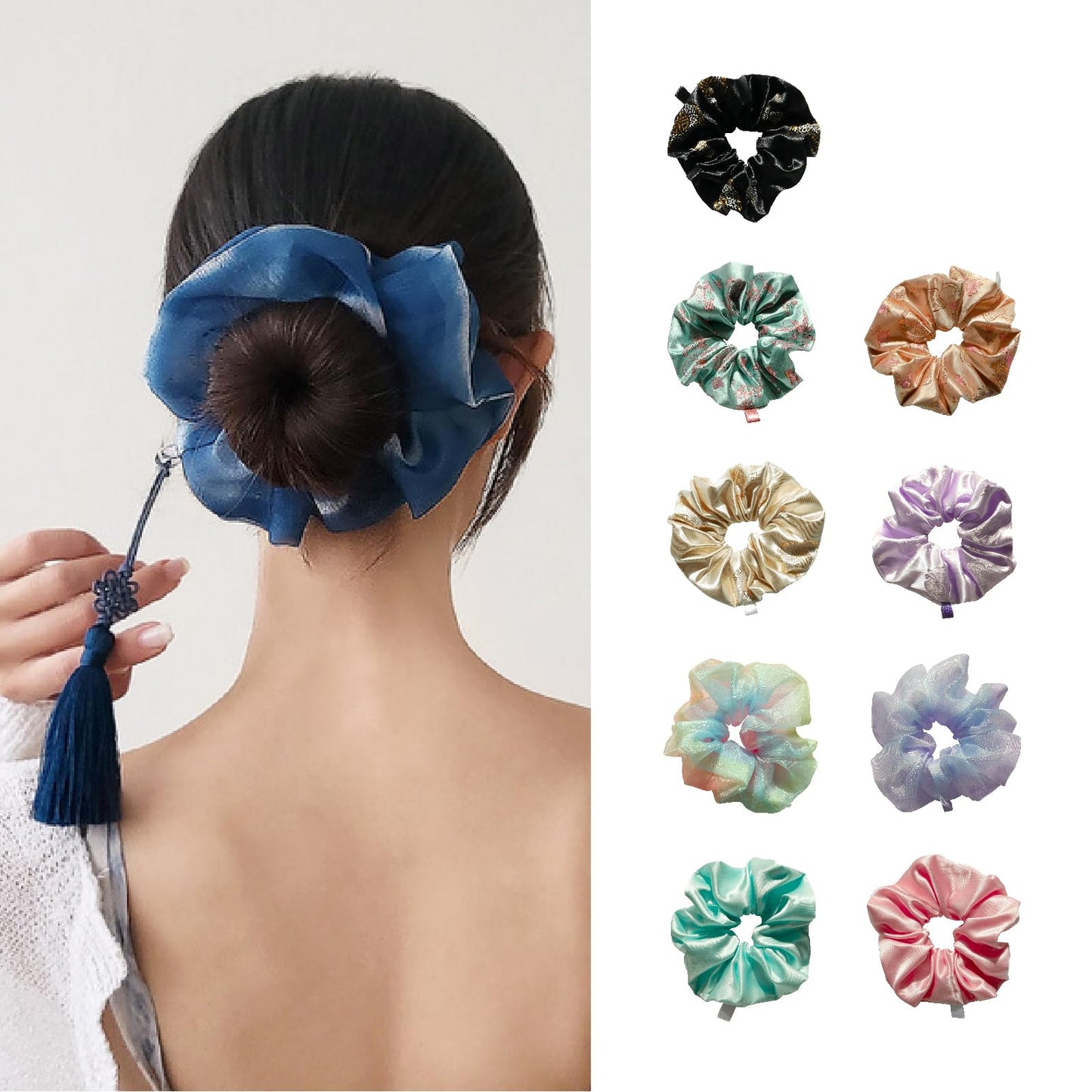 Generic WSF Korean Handmade Soft Scrunchies for Women - Hanbok ShuShu for Girls & Hair Ties with Sun & Ball Trinket Tassel