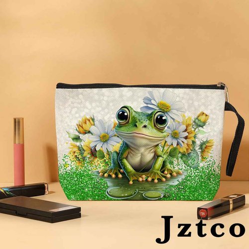 Jztco Cute Frog Makeup Bag Frog Gifts Frog Themed Gifts for Women Animal Lover Her Mom Wife Best Friend Aunt Niece BFF Toiletry Bag Mothers Day Graduation Birthday Gifts Daisy Flower Cosmetic Bag