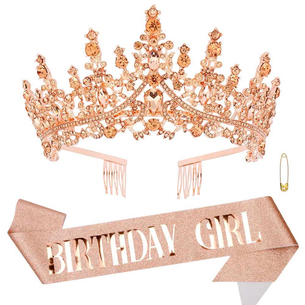 ATODEN Birthday Girl Sash Tiara Queen Crown Tiaras and Crowns for Women Girls Rose Gold Crystal Princess Tiara Rhinestone Headbands Quinceanera Crown Headpieces Happy Birthday Decorations Accessories