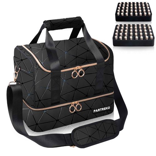 Partreko Nail Polish Organizer Holds 80 Bottles (15ml/0.5 fl.oz)& Nail Lamp, PU Leather Nail Organizers and Storage Bag with Shoulder Strap, Portable Nail Supplies Kit Organizer Carrying Case (Black)