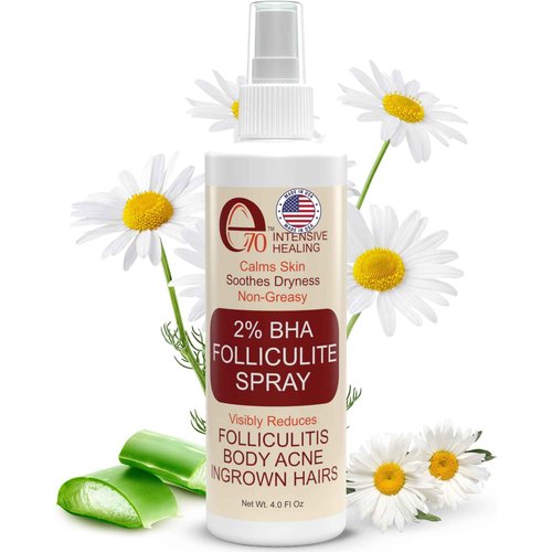 e70 Folliculitis Treatment 2% BHA Body Spray - Salicylic Acid with Tea Tree Oil & Aloe Vera - Spray Moisturizer for Dry Skin, Clogged Pores & Irritation by Made in USA, 4 fl. oz