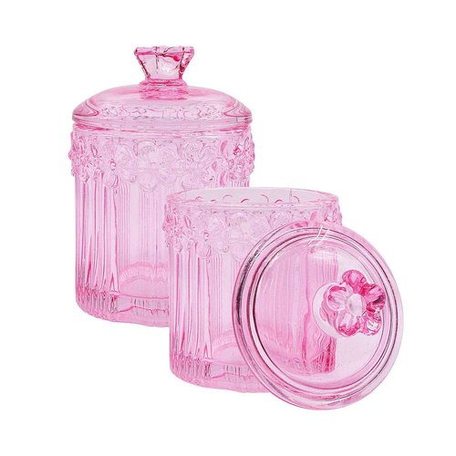 2 Pack Qtip Holder Glass Apothecary Jars with Lids Set, Crystal Q-tip Canister Jar Bathroom Vanity Organizer for Cotton Ball, Cotton Swab, Floss, Candy - Clear (Pink)