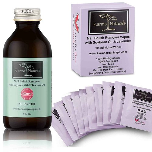 Karma Organic Nail Polish Remover Wipes Bundle - Tea Tree Oil Based Nail Polish Remover (4FL-Oz) Lavender Nail Polish Remover Wipes (Pack of 10)
