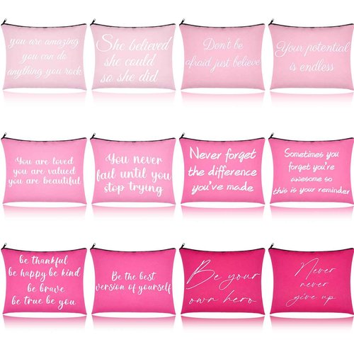 Fjoron 12 PCS Pink Inspirational Canvas Makeup Bags Bulk Makeup Bags for Women Inspirational Quotes Cosmetics Bags with Zipper Gift for Valentine's Day Christmas Graduation