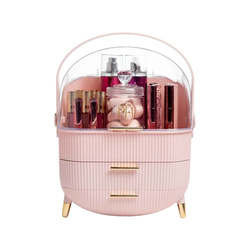 Paris Hilton Makeup Storage Organizer with Lid, Cosmetics and Skincare Organizer for Vanity, Portable Makeup Storage Box for Countertop, Fluted Design with Gold Accents, Pink