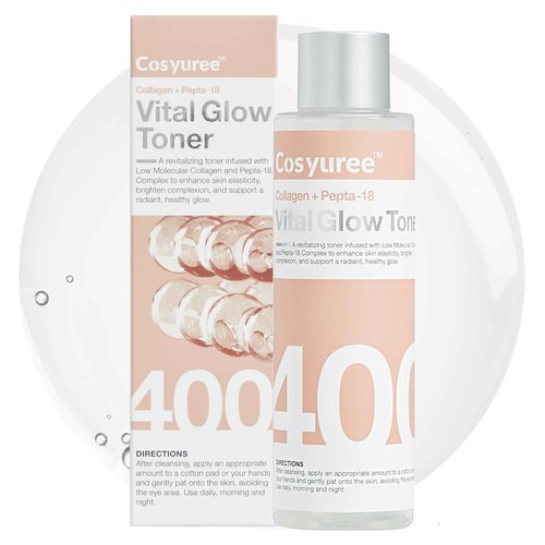 Cosyuree Collagen + Pepta-18 Vital Glow Toner, pH 5.5 Toner, pH Balancing, Absorbing Boost, Calming Skin, Refreshing, Hydrating, Purifying, Korean Skincare, 200ml/6.76 fl.oz