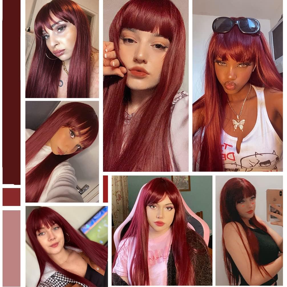 RightOn Red Wig Long Straight Wig with Bangs Long Wig Wine Red Straight Wigs Full Machine Wig for Daily Cosplay Party