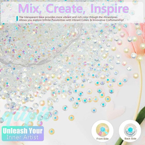 qiipii Transparent Clear AB Resin Rhinestones for Crafting Clear White AB Flatback Jelly Stones 3mm 4mm 5mm 6mm Gems Diamonds Charms for Nails Face Eyes Makeup Tumblers Bottles Crafts Clothes Shoes