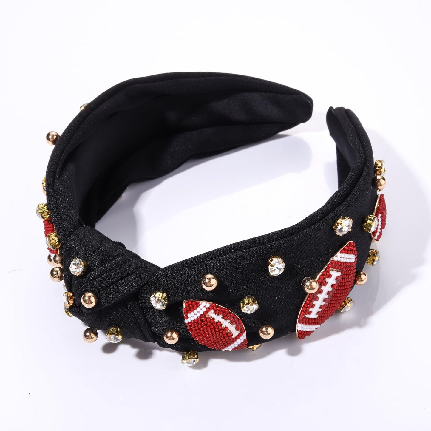 CEALXHENY Football Headband for Women Football Accessories Beaded Football Rhinestone Crystal Knotted Headband Jeweled Embellished Game Day Top Knot Headband Football Mom Hair Accessories (B-Black)