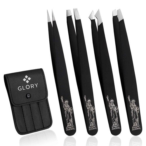 Glory 4 Pcs Precision Eyebrow Tweezers Set Professional Stainless Steel Brow Tweezers for Eyebrows, Ingrown Hair & Facial Use with American-Inspired Design