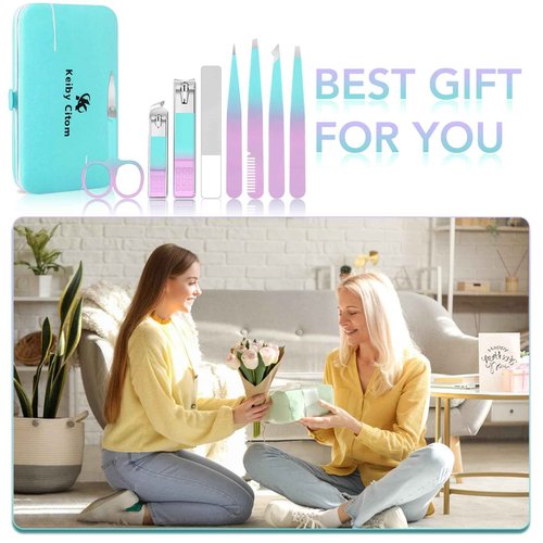 Tweezers Set and Nail Clippers 8Pcs Precision No Gaps Eyebrow Tweezer Kit for Facial Hair Men & Women Travel Tweezers with Leather Case (Violet/Cyan)