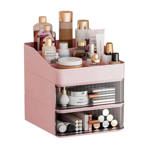 DASITON 6 Slots Makeup Brush Holder,Makeup Organizer,Makeup Brush Holder with 2 Drawers,Divided Makeup and Makeup Storage Holder,for Cosmetics(Pink-F1)